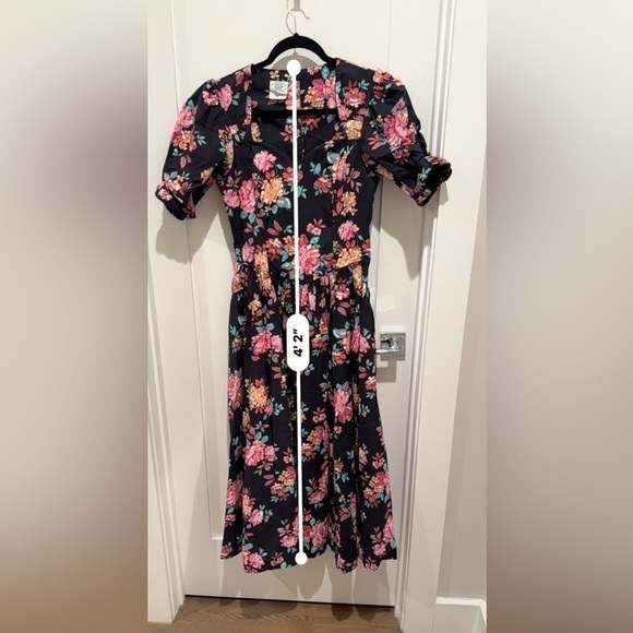 Laura Ashley prairie Floral black Dress with Pink and green Accents puff sleeve - Picture 10 of 13